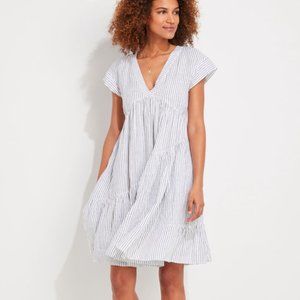 Vineyard Vines Jet Stripe Gray White Tiered 100% Linen Knit V-Neck Dress Sz S